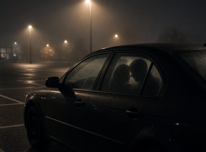 Ein schwarzer PKW auf einem dunklen, verregneten Parkplatz bei Nacht. Durch die beschlagenen Scheiben sind nur die Silhouetten zweier küssender Personen schemenhaft zu erkennen.